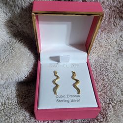 Rachel Zoe Snake Earrings Gold Plated Sterling Silver Green Zirconia Eyes New In Box