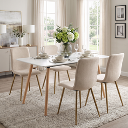 Homy Casa ROOKIE S+SCARGILL 5-Piece Dining Set 43.3" White Dining Table with 4 SCARGILL Beige Fabric Chairs Open Box