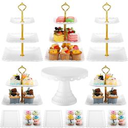Plastic 12 Pcs Dessert Table Display Stand Set Include 5 Cupcake Holder/ Cup Cake Tier Tower 1 Round Lace Cake Stand and 6 Serving Tray Combo for Part