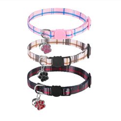 Plaid Pattern Soft Adjustable Breakaway Kitten Cat Collars with Bells 3 Pc