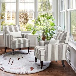 25''W Mid Century Linen Accent Chair with Arms, Gray-White (Set of 2)
