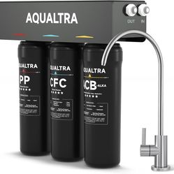 USF-3F-10 Slightly Alkaline Under Sink Water Filter, 8K-32K Gallons Water Filtration System with Faucet, 0.5 μm Carbon Fiber Filter Reduces Chlorine, 