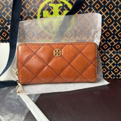 Tory Burch full zipper Wallet Continental 171544 NWT in dark whiskey/shoppingbag