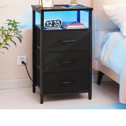 Night Stand with Charging Station, 16 Colors LED Nightstand with USB Ports and Outlets, End Table with 3 Fabric Drawers and Storage Shelf