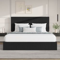 King Size Bed Frame, Corduroy Upholstered Platform Bed, Adjustable Vertical Channel Tufted Headboard, Modern Low Profile Frame, No Box Spring Needed,