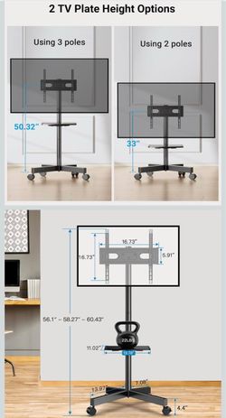 PERLESMITH Rolling TV Stand, Mobile TV Stand for 23-60 Inch LCD LED TVs, Tilt TV Stand Wheels Holds up to 88Lbs, Portable TV Stand for Bedroom with Sh