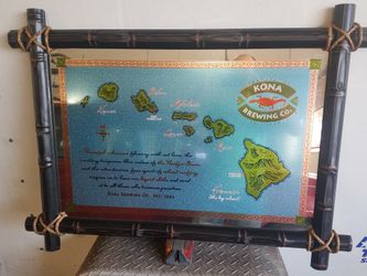 Amazing super rare heavy tiki style man cave bar mirror Kona brewing Co. Wood frame