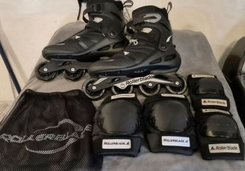 Rollerblade Brand Inline Skates And Set Of Knee And Elbow Pads With Pad Bag