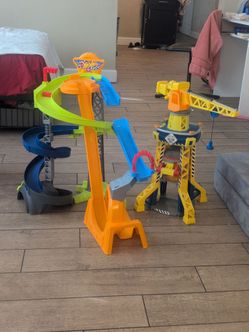 Hot wheels race track and paw patrol crane