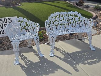 White Cast Iron Garden Bench and Chair Set