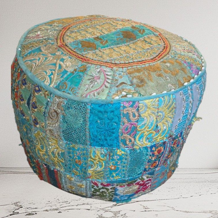 Handmade Indian Patchwork Pouf Ottoman – Blue Teal Embroidered Floor Cushion Boho Decor
