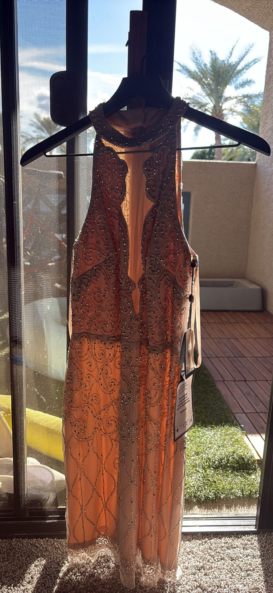 Halter Beaded Dress, Adrianna Papell, Nude And Silver , Size 2