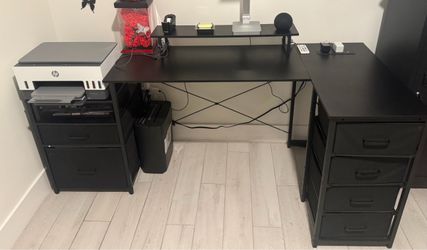 L-Shaped Gaming Desk with LED Lights & Storage