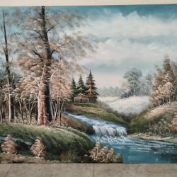 Large Painting Nature Waterfall Size 48 by 36 inches. 
