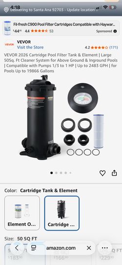 VEVOR 2026 Cartridge Pool Filter Tank & Element | Large 50Sq. Ft Cleaner System for Above Ground & Inground Pools | Compatible with Pumps 1/3 to 1 HP 