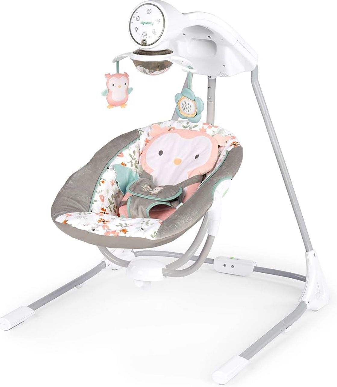 Ingenuity InLighten 5-Speed Baby Swing - Swivel Infant Seat, 5 Point Safety Harness, Nature Sounds, Lights - Nally Owl