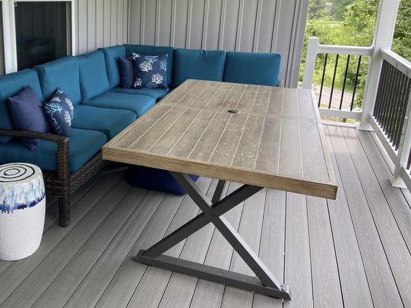 72 Inch Metal Outdoor Dining Table w/. Farmhouse Trestle Base & Tile Tabletop