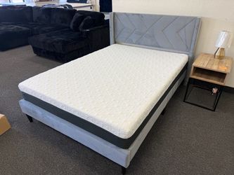 Gray Upholstered Bed Frame with Mattress
