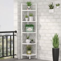 Tribesigns 5 Tier Corner Shelf, Rustic Corner Storage Rack Plant Stand Small Bookshelf for Living Room, Home Office, Kitchen, Small Space, White