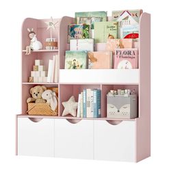 Kid's Large Bookshelf with 3 Movable Drawers, 5-Cube Bookcase with 4-Tier Display Stand, Toy Storage Organizer for Bedroom Playroom, White Pink