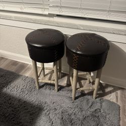 2- Stool Wooden Legs Top Leather stitching top