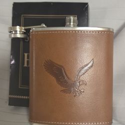 Flask stainless steel with eagle embossed on leather wrap  new in box