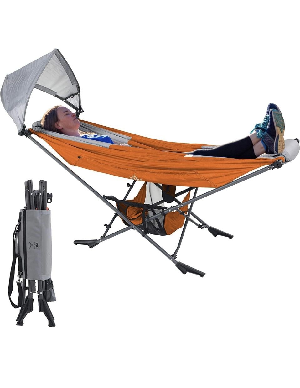 Portable Hammock with Stand, World's Best Mock ONEĀ® Hammock, Compact Folding Framed Hammock w/Adjustable Sunshade Canopy for Indoor, Outdoor, Park, Ba