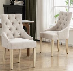 Wingback Upholstered Dining Room Chairs With Tufted Buttons - Cream Linen
