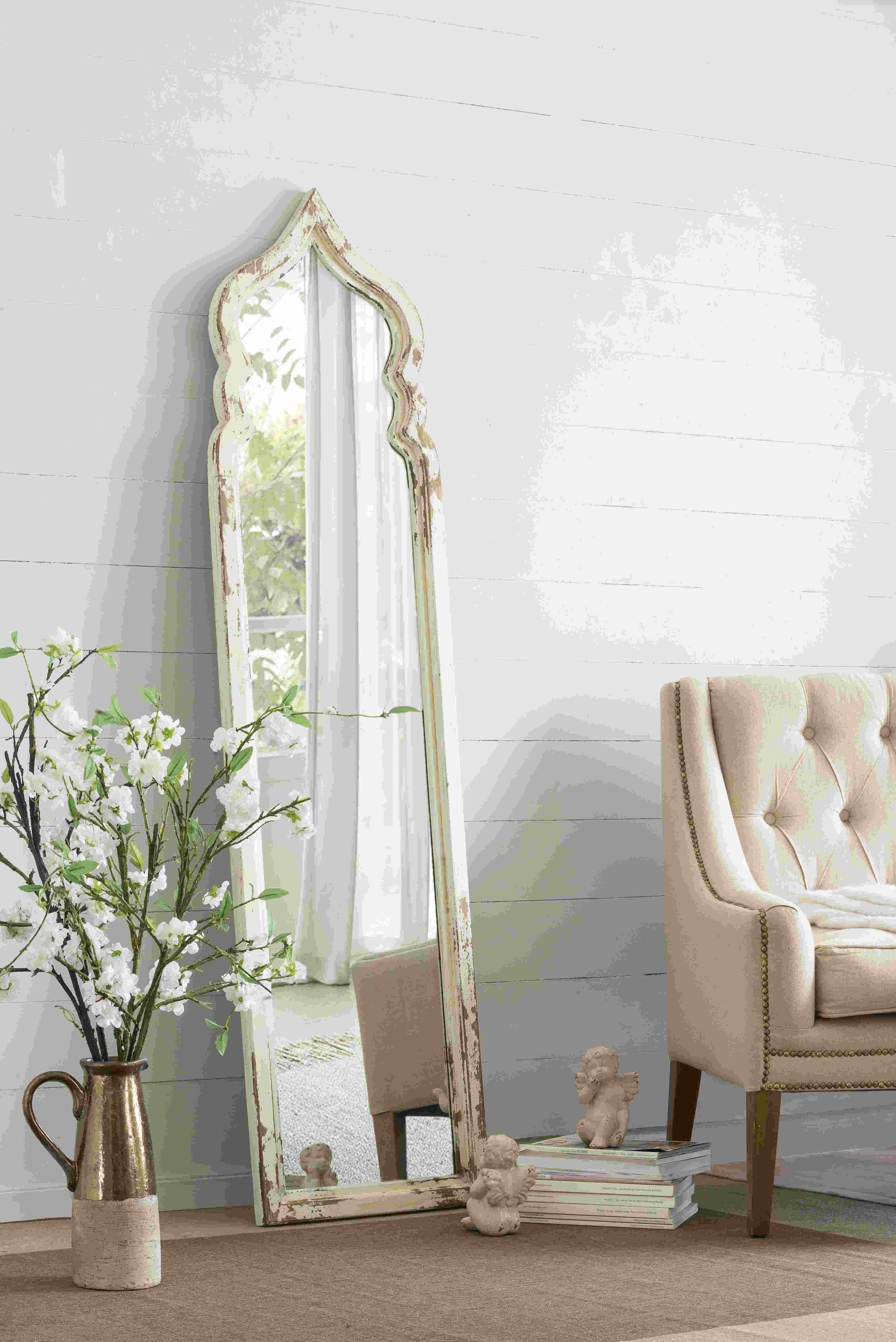 19x1.6x73.2 Oversized Full Length Floor Mirror, Vintage White Shabby Chic Wooden Frame for Leaning, Bedroom, Living Room