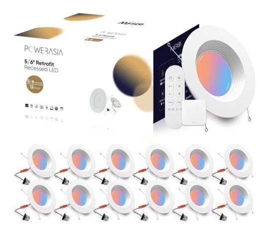 12 Pack 5/6 Inch LED Retrofit RGB Recessed Lighting, 12W 1200LM Smart Can Lights, Recessed Lights 2700K-6000K Color Changing Compatible with Alexa Ass