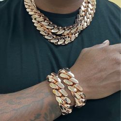 Set Chain & Bracelet 20mm Miami Cuban Link Rose Gold Plated Chain Necklace 18k & 14k Crab Old School Regular Lock