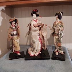 3 Vintage Geisha Girls 14" Tall 15" Tall & 17" Tall 