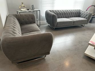 Tufted Gray Sofa and Love Seat