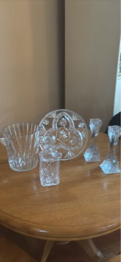 Crystal platter, bucket, decanter, candlesticks,