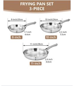 ROVSUN 3-Pcs Stainless Steel Cookware Set with 8 10 and 12 Inch/Full Clad Stainless Steel Chefs Pan/PFOA and PTFE Free Skillets
