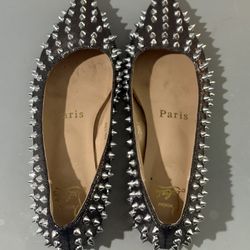 Authentic Christian Louboutin Black Leather Studded Pointed-Toe Flats