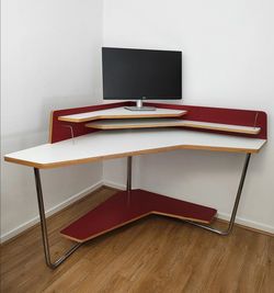 Retro Corner Desk with Raised Monitor Shelf