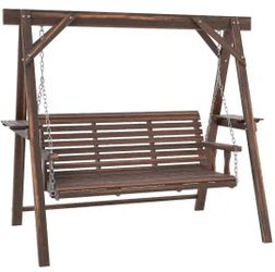 Outsunny 3 Seat Wooden Porch Swing with Stand, Patio Swing with Side Tables, for Garden, Poolside, Backyard, Carbonized Brown