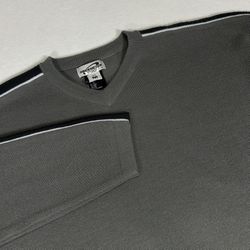 VTG Obermeyer Men’s Medium Gray Ian Ski Sweater Retro Striped Wool Blend V Neck