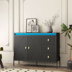 New Fluted Sideboard Cabinet, 2-Door 3-Drawer Design, with LED Lights - Black Buffet for Dining Room & Kitchen Storage