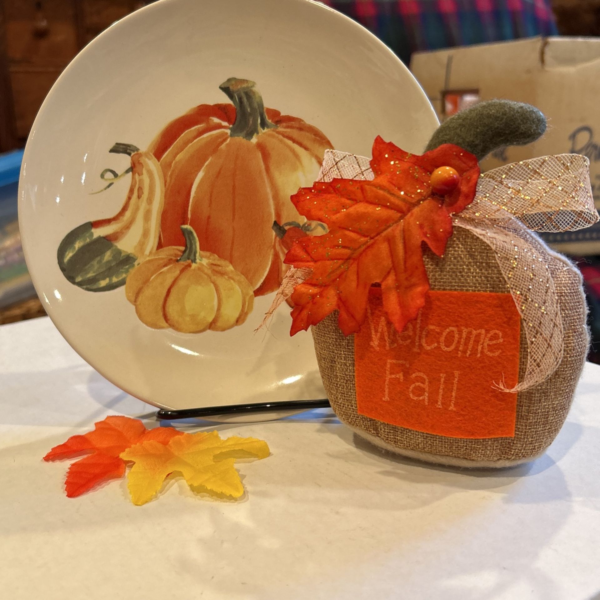 Autumn Stoneware Plate and Stuffed Pumpkin