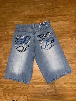 Vintage Y2K Southpole Blue Denim Embroidered Back Pockets Baggy Shorts Size 36.