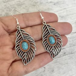Silver Tone Feather Faux Turquoise Drop Earrings 