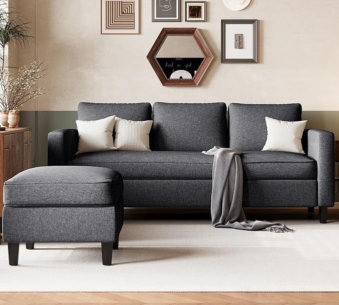 New Convertible Sectional Sofa with Reversible Armchair, L-Shaped Couch with Modern Linen Fabric for Small Space (Dark Gray)  New in box US85-DG 1/1 W