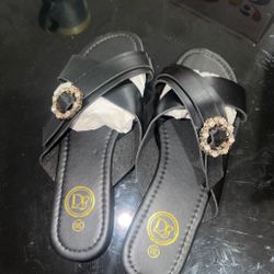 Black Flat Sandals with Rhinestone Buckle