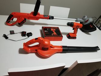 Black and Decker blower, weed eater and drill cordless new with 20 volt battery and charger