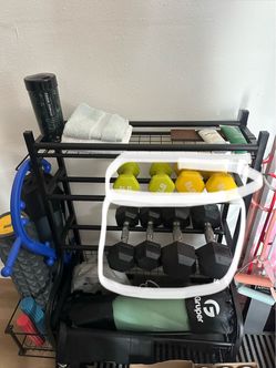 Workout rack with equipment and bench