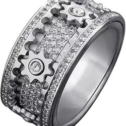 Men's Women's White Gold-Plated Clock Work Rotatable Cubic Zirconia  Engagement Wedding Band 22