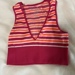 Pink and orange striped V Neck crop top  M/L