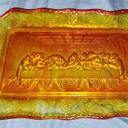 Tiara Amberina Last Supper Indiana Glass Tray/Bread Plate 11" x 7" Vintage